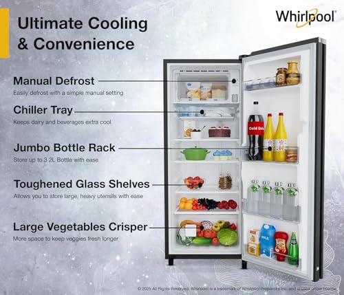 Image of Whirlpool 207 L 5 Star Icemagic Pro Inverter Glass Door Direct-Cool Single Door Refrigerator (230 IMPRO GD PRM 5S Inv CRYSTAL BLACK)