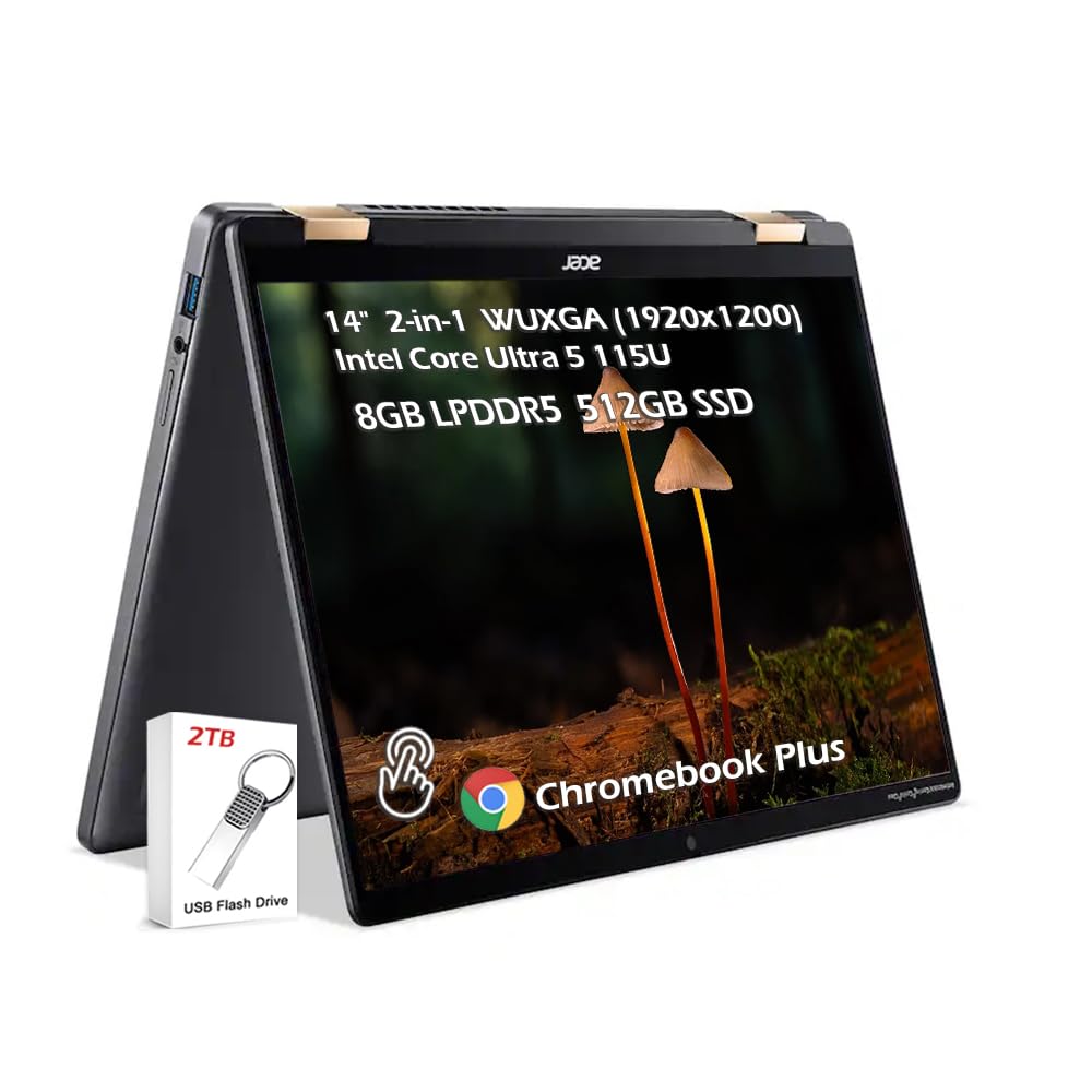 Acer Chromebook Touch Laptop Plus Spin 714, Intel Core Ultra 5 115U, 14" FHD+ 2-in-1, 8GB LPDDR5 512GB SSD, Wi-Fi6E Bluetooth 5.3, Backlit Keyboard, Chrome OS, Steel Gray, w/2TB USB Drive, W/GaLiMu