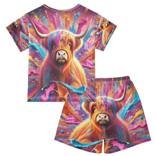 Watercolor Highland Cow Pajama Set Short Sleeve Sleepwear Soft Pajamas Shorts Sets Cotton PJS 5Y2