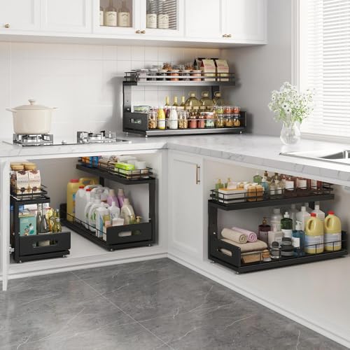 Image of Under Sink Organizer Upgrade To Professional Rails,2-Tier Dual Pull Out Cabinet Storage,Height Adjustable Slide Out Drawers For Bathroom Kitchen,1 Pack-21 inchDx12.8 inch-16.9 inchH,Black