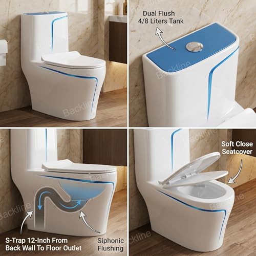 Image of B BACKLINE One Piece Ceramic Western Toilet | White & Blue Siphonic Water Closet | S-Trap 12-Inch Floor Outlet with Soft Close Seat | Dual Flush Commode (7-Year Color Warranty)