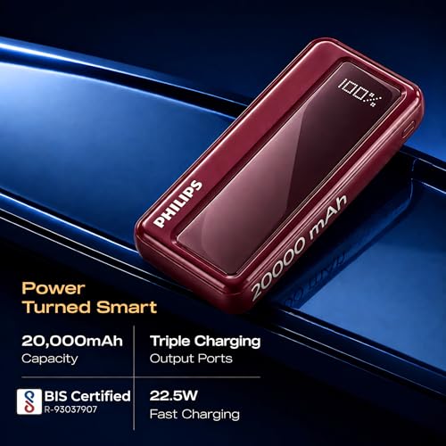 Image of Philips 20000mAh 22.5W Fast Charging Power Bank (Alba White) with Digital LED Display |Type-C & USB-A Input /Output | 3 Output Ports | Lithium Polymer |Portable for Mobile,Tablet&Earbuds (DLP1721NW /94)