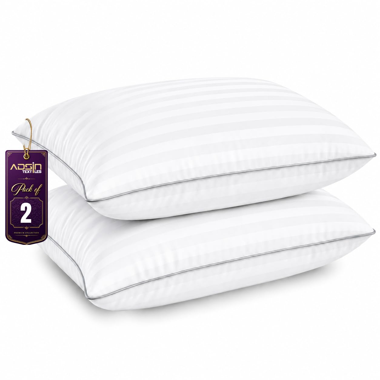 adsin Exrta Filled 2 Pack Egyptian Cotton Bounce Back Strip Pillows Hollow-fibre Dust Resisted Filled, Ultimate Luxury Sleep, Premium Hypoallgernic (Egyptian Cotton Stripe, Pack of 2)