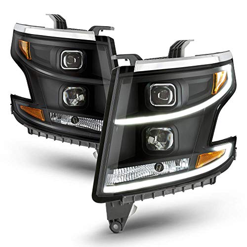 [For 2015-2020 Chevy Tahoe Suburban Halogen Models] OLED Neon Tube Black Smoke Projector Headlight Housing Headlamp Assembly Replacement Housing, Driver & Passenger Side