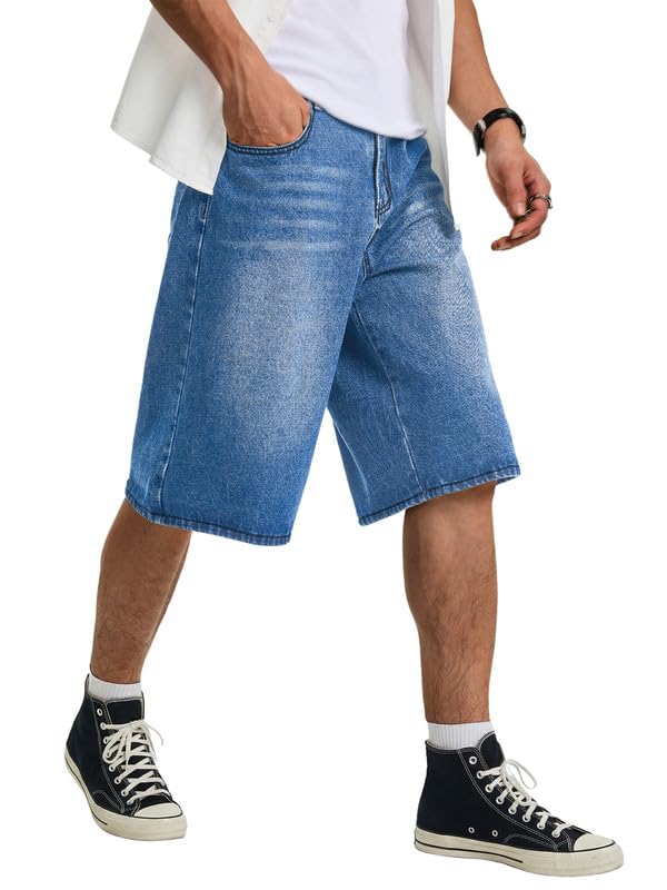 JMIERR Herren Jeans Shorts Himmel Blau Baggy Y2K Denim Kurze Jeanshose Loose Fit Jogginghose Männer Raw Jeanspants M