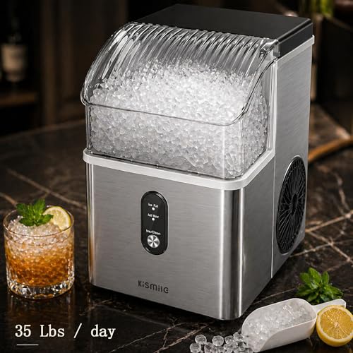 Image of Kismile Nugget Ice Maker Countertop, Sonic Ice Maker with 35Lbs /24H, First Ice in 7 Mins, 1.2L Water Tank, Ice Basket Holds 2.2Lbs, Self-Cleaning Pebble Ice Machine for Home Kitchen Office Bar(Silver)