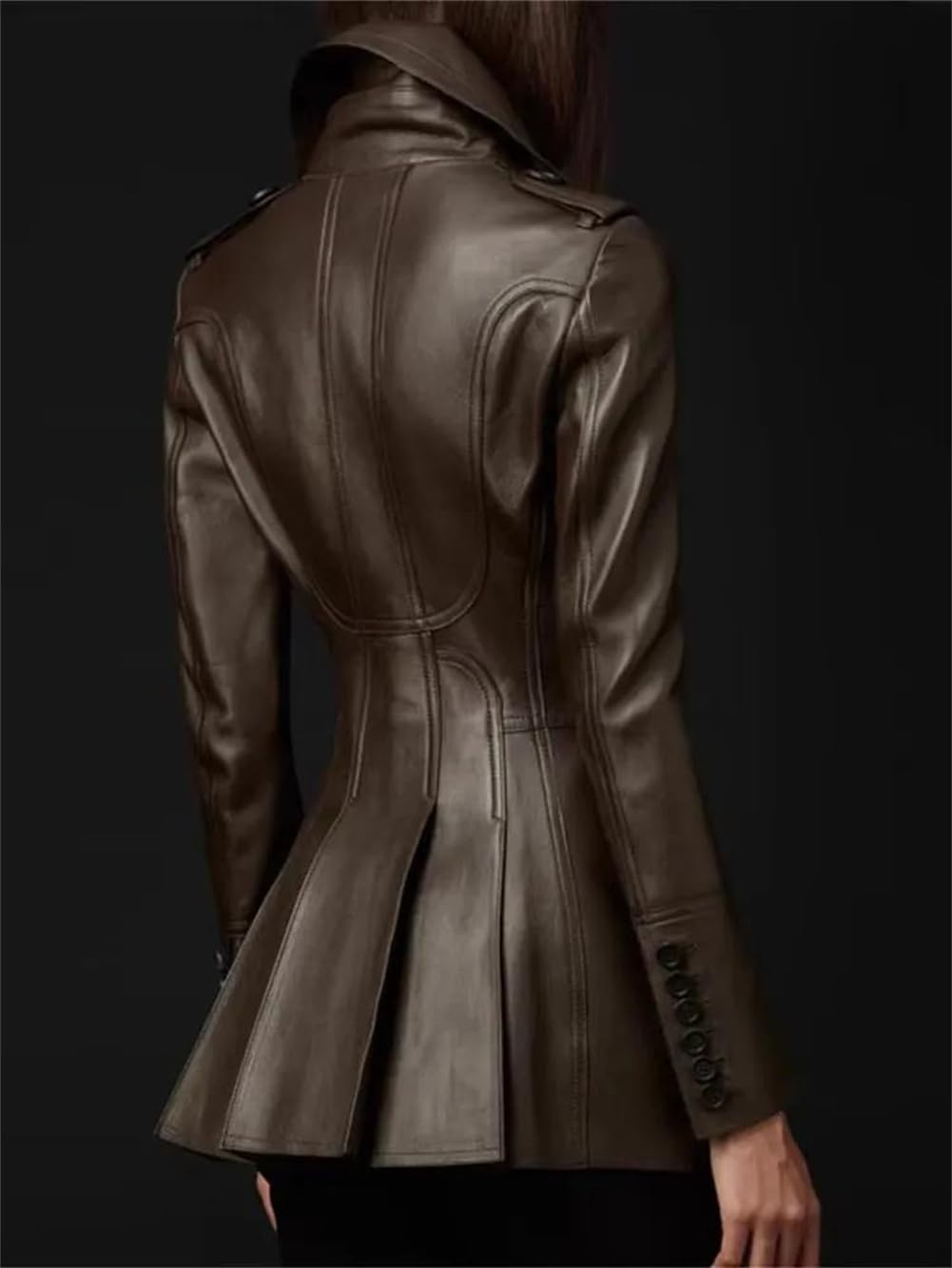 Chaqueta de piel sintética suave ajustada para mujer, chaqueta con falda de doble botonadura