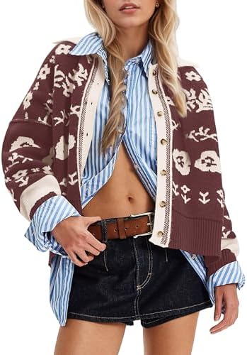 MISSACTIVER Floral Print Button Down Cardigan Sweaters for Women Long Sleeve V Neck Open Front Knit Crop Tops Fall Jacket