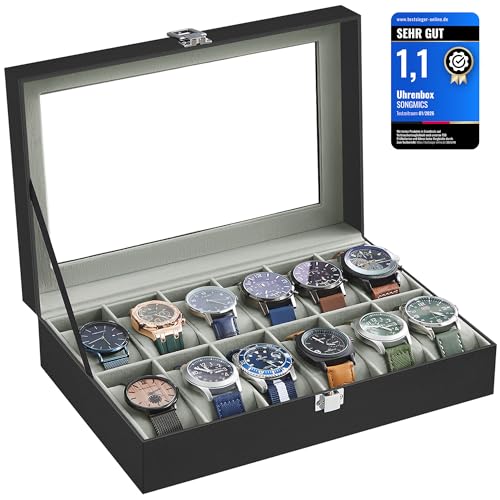 SONGMICS Uhrenbox mit 12 Fächern, Uhrenkasten, Glasdeckel, Uhrenkoffer mit herausnehmbaren Uhrenkissen, Premium-Uhrenschatulle, PU-Bezug in Schwarz, Samtfutter in Grüngrau JWB12BK