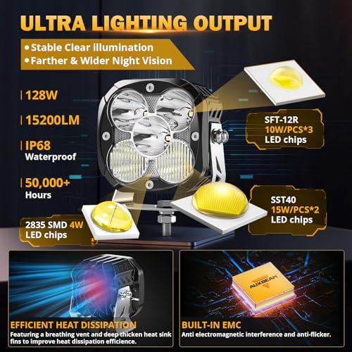 Image of Auxbeam 4.5 Inch led pods with DRL, XP-Ultra Series Pod Lights 128W 15200LM , Spot Flood Combo Offroad Lights with Amber Covers, Cube Ditch Lights for Jeep Ford UTV ATV
