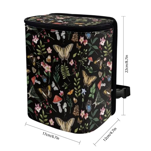 Image of Talayituse Mushroom Butterfly Flower Print Car Trash Bin, Large Size Auto Trash Can Adjustable Portable Garbage Can with Lid, Vehicle Hanging Bag for Headrest Front Back Seat