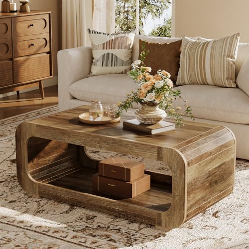LITTLE TREE 47-Inch Farmhouse Coffee Table for Living Room, 2-Tier Wooden Rectangular Accent Center Table with Open Storage, Low Cocktail Tea Table with Curved Base for Home Office (Rustic Brown)