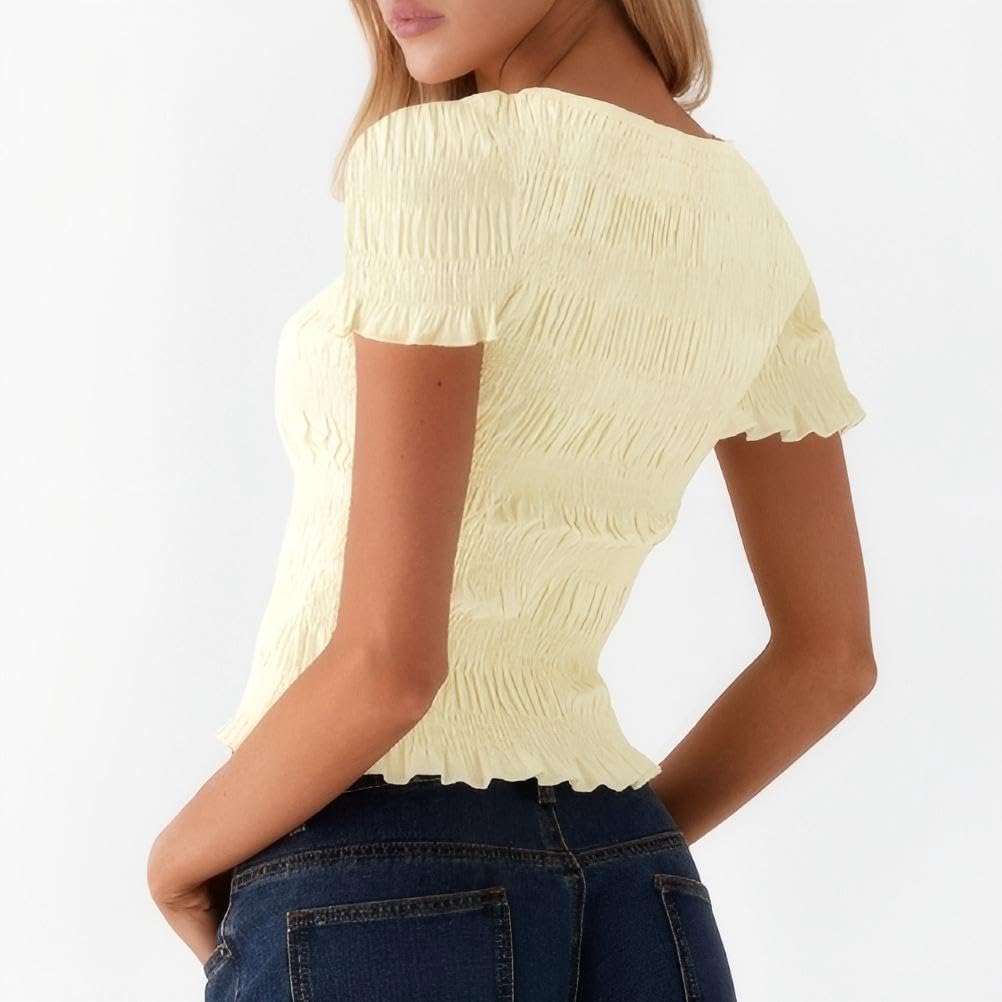 Womens Cap Sleeve Smocked Shirt Y2k Ruffle Shirred Crop Top Cute Crew Neck Peplum Tops Summer Ruched Going Out Tee - Image 3