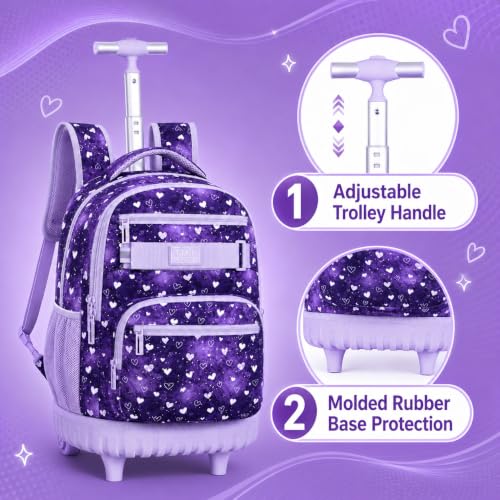 Image of 3Pcs Rolling Backpack for Girls Teens, 19 inch Wheeled Backpack with Lunch Box, Polka Dots Travel Roller Backpack for Women College Students (Purple)