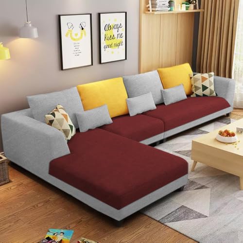 Image of Galib LHS 6 Seater L Shape Sofa Set for Living Room (Maroon Grey Fabric) Premium Fabric Sofa Set