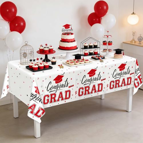 Image of Oigco 2026 Graduation Decorations, 2 Pack Red Graduation Tablecloths Class of 2026, Congrats Grad Plastic Table Cloths for Graduation Party Decorations, 54 x 108 Inch