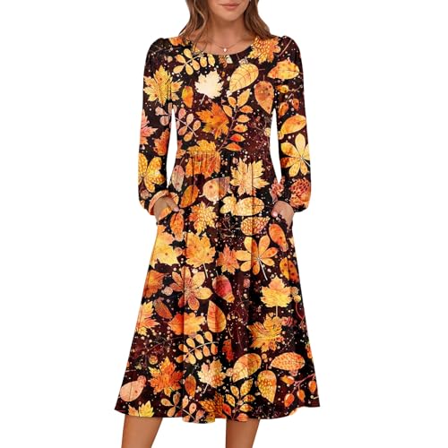 Herbstkleid Damen Boho Blumen Kleid Rundhals Langarm Tunika Midikleid A Linie Herbstkleid Knielang Festliche Kleider Herbst Freizeitkleid Elegant mit...