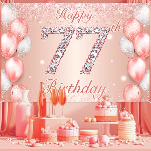 Image of Happy 77th Birthday Rose Gold Banner Cheers to 77 Years Old Backdrop Confetti Balloons Theme Decor for Women 77 Years Old Pink Birthday Party Decorations Bday Supplies Background Favors Gift Glitter