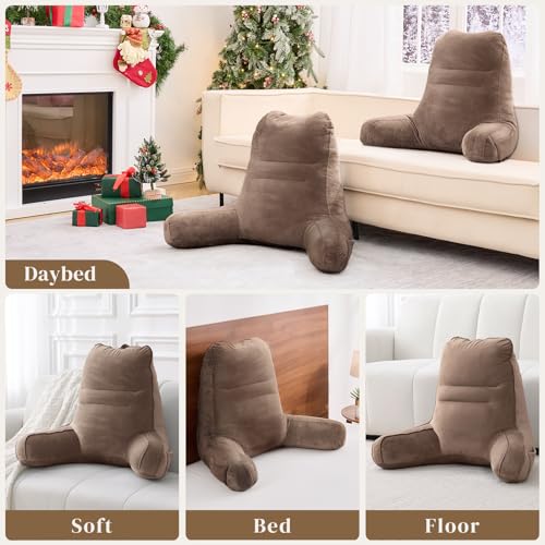 Image of Sasttie Reading Pillow for Bed, Back Pillow for Sitting Up, Light Brown | 23 inch Backrest Support Cushion for Couch, Sofa, and Floor, Dorm Essentials, OEKO-TEX, Adjustable Down Alternative Fill
