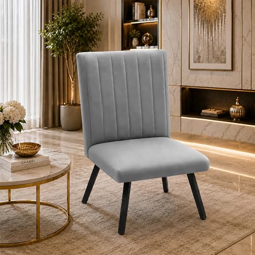 Image of Modern Velvet Accent Chair for Living Room | Upholstered Single Seater Chair with Metal Legs | Comfortable Seating for Bedroom, Office & Guest Room - Grey