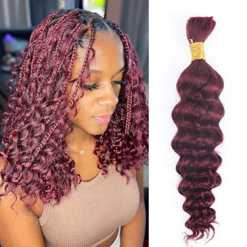 Human Braiding Hair for Boho Braids Burgundy Deep Wave Bulk Human Hair for Braiding 14 Inch 1 Bundle 50G #99J Red Wet and Wavy Curly Hair Suitable for Hair Extensions No Weft Bundles for Braiding