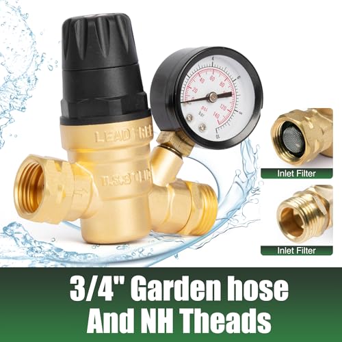 Image of U.S. Solid 3 /4 in GHT RV Water Pressure Regulator, Handwheel-Adjustable Lead-Free Brass, 45 psi Preset, 0-140 psi Gauge, Stainless Filter, for RV Camper Trailer and Garden Hose