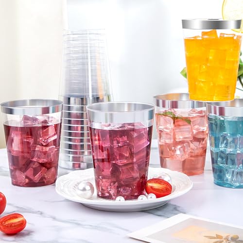 Image of DaYammi 200 Pack Silver Plastic Cups 10 Oz Clear Plastic Cups Silver Rimmed Disposable Wine Glasses Heavy Duty Disposable Tumblers Drinking Cocktail Glasses for Party Wedding