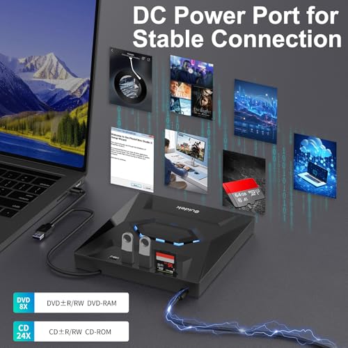 Image of SUIDEK External CD DVD Drive for Laptop, USB C Portable CD /DVD + /-RW Burner DVD Player with SD Card Reader USB 3.0 Type C Hub Compatible with Laptop PC Windows Linux