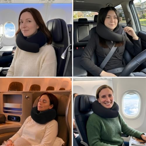 Image of FlyHugz Neck Travel Pillow Memory Foam Neck Pillow for Comfort on Airplane Compact and Ergonomic Design for Travel, Car Rides, and Home Use Ideal for Adults and Kids. (Midnight Black)