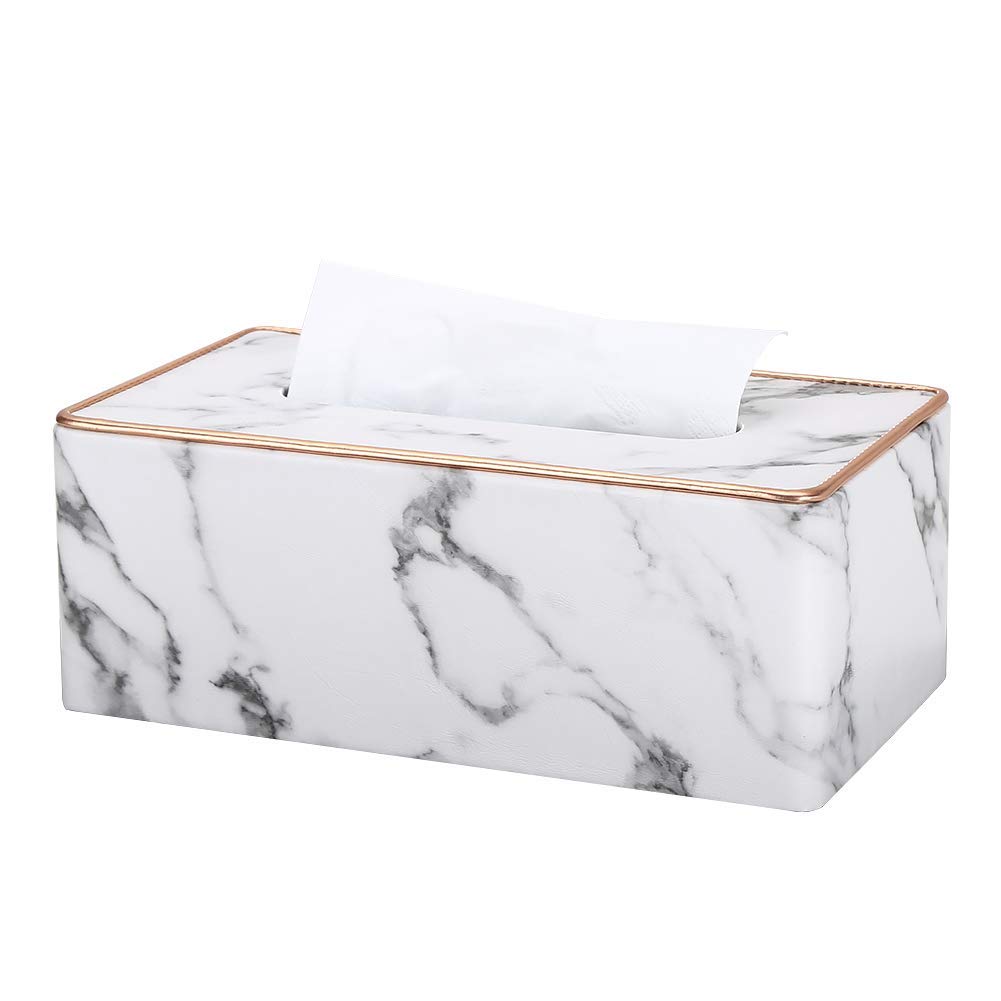 Arabest Tissue Box Cover, Rectangular PU Leather Tissue Box Holder, Facial Tissue Case Napkin Dispenser for Home Office Car Automotive Decoration with Gold Line (gray Marble)