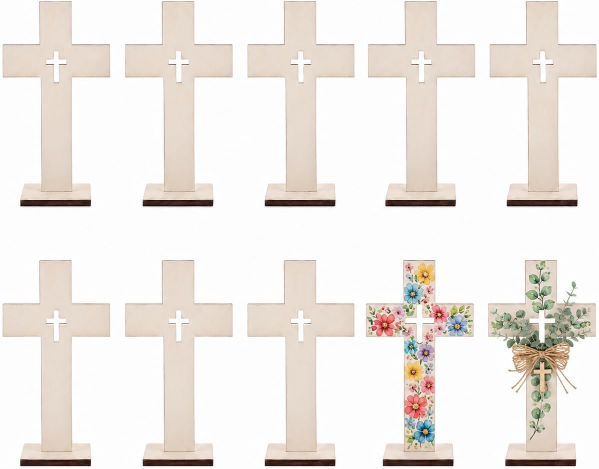 Wooden Crosses for Crafts: 10 Pack Unfinished Wood - DIY Blank Crosses with Stands Small Religious Crucifix Ornaments Catholic Baptism Centerpiece DIY Craft Supplies