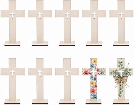 Wooden Crosses for Crafts 10 Pack Unfinished Wood - DIY Blank Crosses with Stands Small Religious Crucifix Ornaments Catholic Baptism Centerpiece DIY Craft Supplies