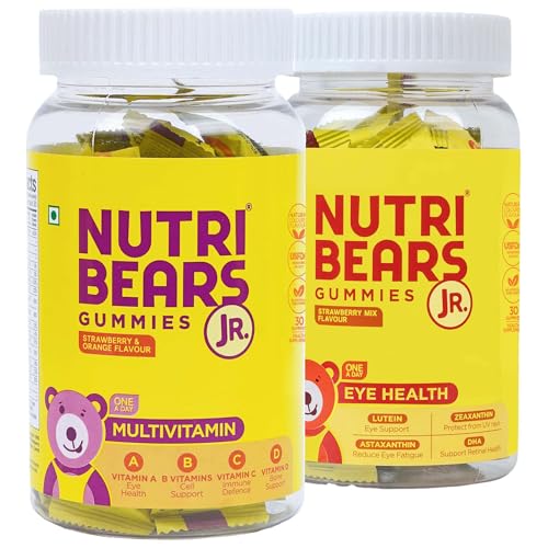 Image of NutriBears Kids Multivitamin and Eye Health Combo, Vitamins A, C, B, and D with Zinc, Soft Chewable Gummies with Lutein, DHA, and Zeaxanthin for Ocular Support, Daily Supplement, 60 Gummy Bears