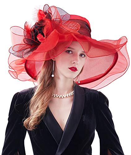 RZTA Womens Kentucky Derby Church Dress Hat Wide Brim Leaf Flower Bridal Shower Hat C3 Red