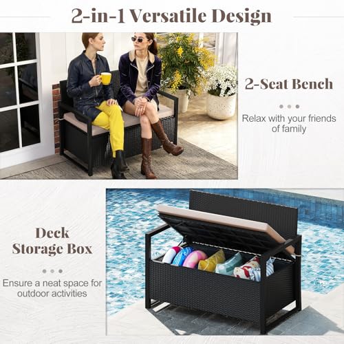 Image of Tangkula 40 Gallon Outdoor Bench with Storage, Patio Wicker Storage Bench with Cushion, Cover, Metal Frame, Deck Box Seat for Backyard, Poolside, Balcony, Garden