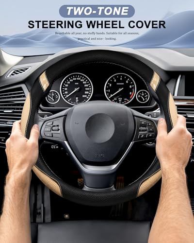 Image of Steering Wheel Cover for Car Leather Universal Steering Wheel Covers for Men Women Fit Cars SUV Truck Pickup 15inch (Beige)