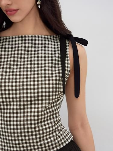 CIDER Tank Tops for Women Gingham Bow Tie Boat Neck Sleeveless Jacquard Slim Fit Top Blouses Womens Tops2
