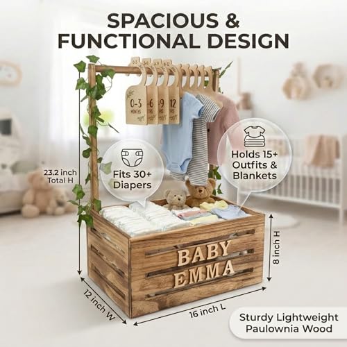 Image of Wooden Baby Shower Crate Closet & Basket with Hanger Rack - Customizable Gift Basket with 2x Alphabet Letter Sets, Hangers, Dividers, Ivy Garland,Nursery Decor Girls Boys(Rustic Burnt Wood)