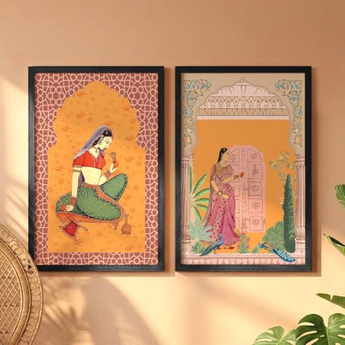 Image of NoWorries Traditional Indian Woman Framed Wall Painting Set of 2, Orange Pink Green & Black, Rajasthani Lady and Peacock Palace Art Prints for Living Room, Bedroom, Office Decor (Art-7, 21x31inch)