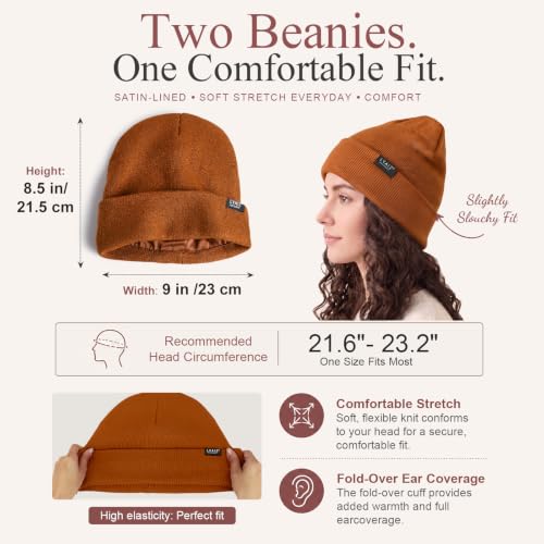 Image of 2 Pack Satin Lined Beanies for Men and Women Warm Cuffed Winter Hats