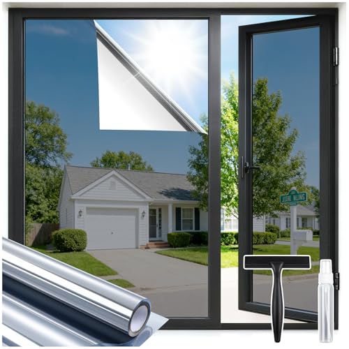 rabbitgoo Heat Reflective Window Film Privacy Film for Glass Windows Silver 44.5×200cm One Way Mirror Tint with Tools Static Cling Anti Glare UV Sun Blocker for Home Office