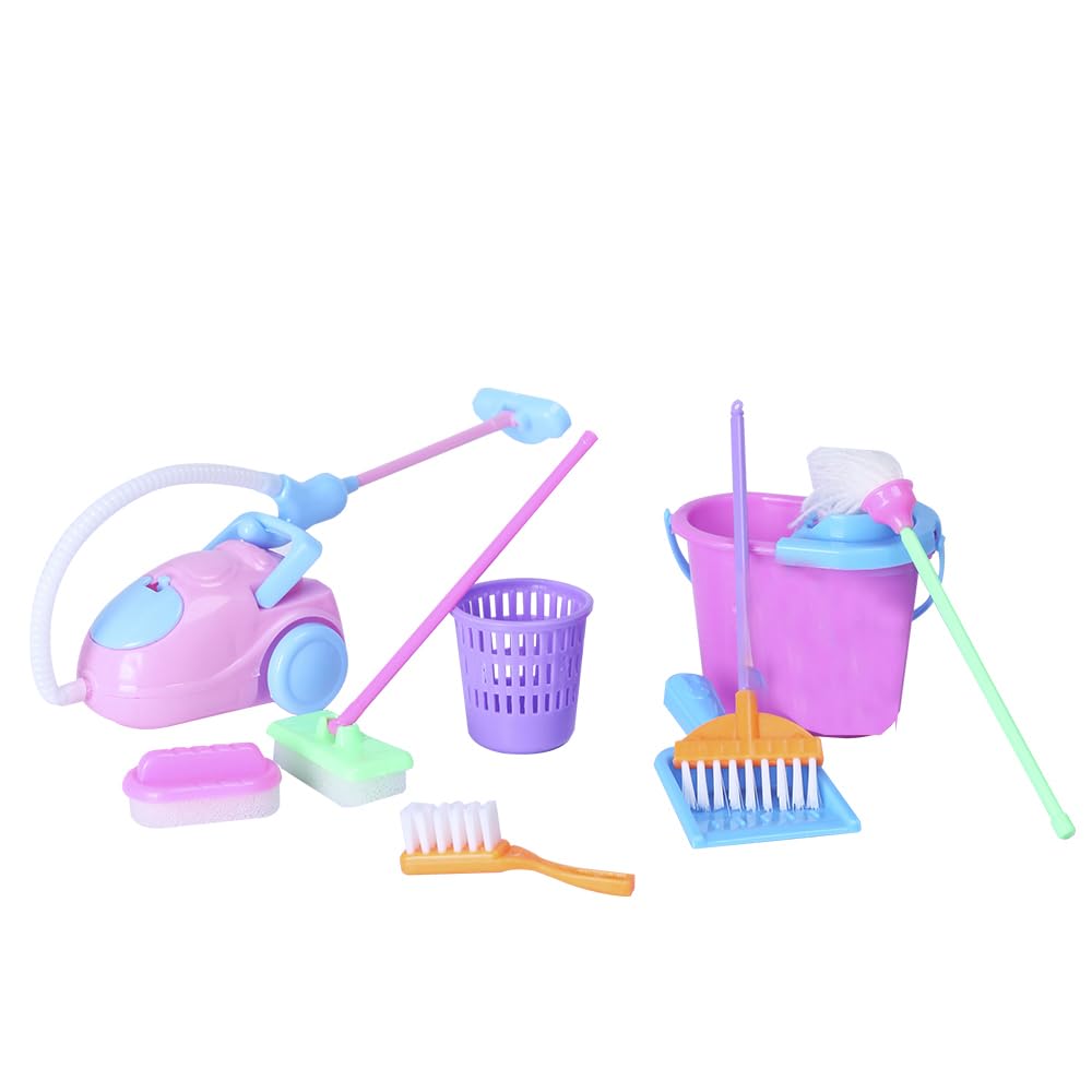 E-TING Miniature Mop Dust Pan, Brush, Broom, Plastic Bucket Doll Housework Cleaning Supplies Tools Set Dollhouse Furniture Decoration Accessories for 7-11.5 inch Dolls Accessories, Multicolored
