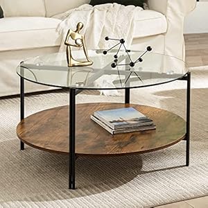 SICOTAS Table Basse Ronde Table Basse de Salon en Verre avec 2 Étagères, Structure en Métal, Design Industriel,Table en Verre pour Salon, Balcon, Bureau, 80 x 80 x 45 cm