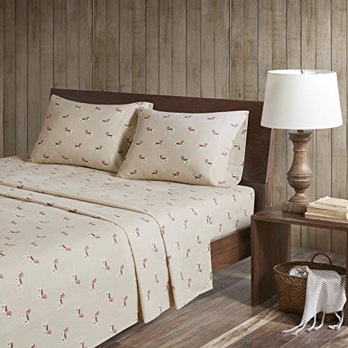 Image of Woolrich Cotton Sheet Set Cottage Charms Print, 100% Cotton Flannel Sheets Warm & Fuzzy Bedding Set Cal King Size Sheets, Fitted Pocket Fits Up to 14 inch Mattress, Cal King Tan Dog, 4 Piece