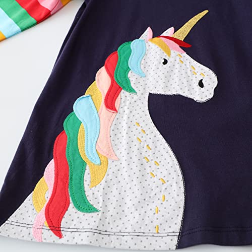 Image of Girls Cotton Long Sleeve Casual Cartoon Appliques Striped Jersey Dresses