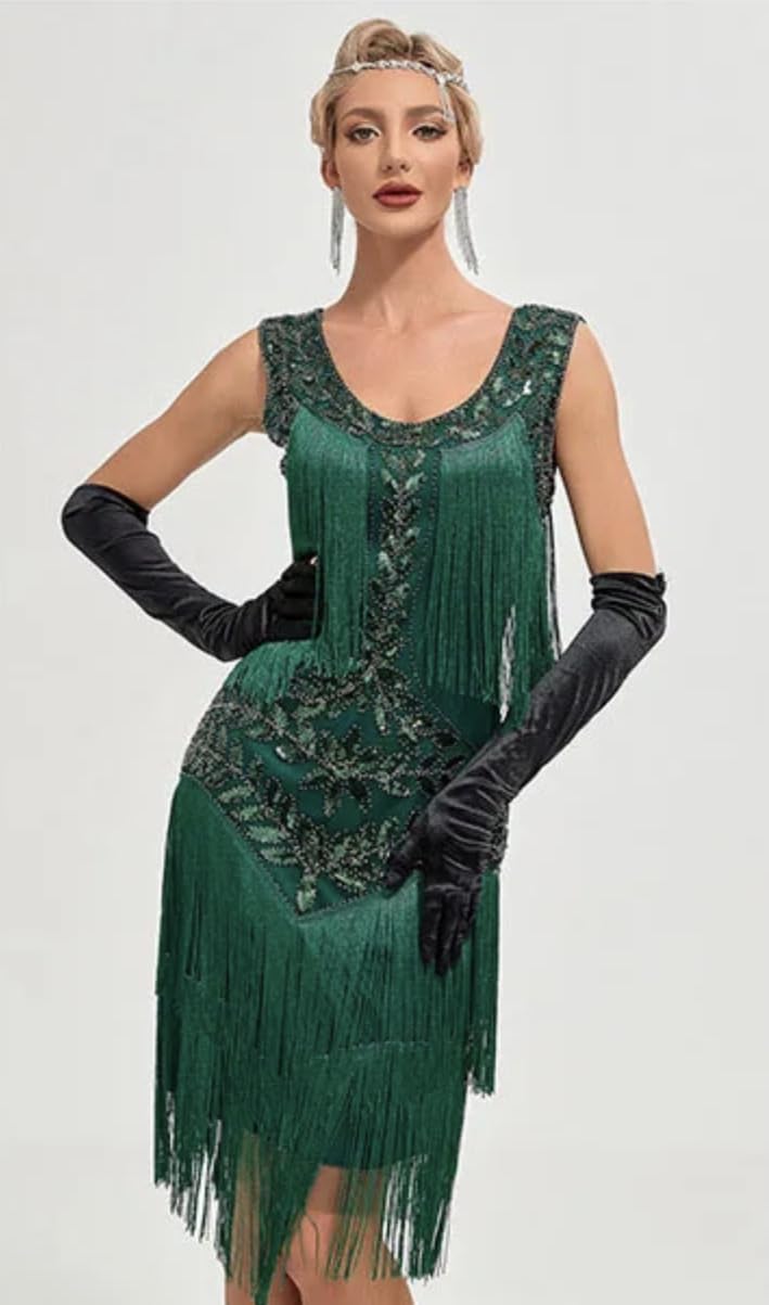 MIMIKRY 20er Jahre Flapper Damen Kostüm Grün Fransen-Kleid mit Pailletten und 4-tlg. Pfau Zubehör-Set