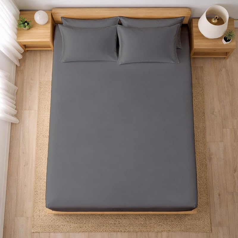 Image of Filbert - Premium Satin Fitted Bedsheet Single Bed (36x75 Inch) with 1 Pillow Cover | Hypoallergenic Breathable | Hair and Skin Friendly, Women Gift Choice|Charcoal