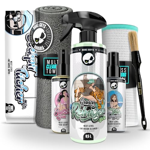 Nuke Guys Auto Reinigungsset Innenraum | Innenreiniger + Glasreiniger + 1x Fenstertuch + Auto Duft + Cockpit Tücher Matt + Detailing Pinsel + Mikrofasertuch | Autopflege Set