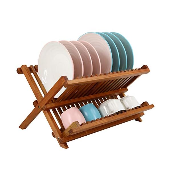 Utoplike Teak Dish Drainer Rack Collapsible 2 Tier Dish Rack Dish Drying Rack Foldable Plate Organizer Holder for Kitchen Compact