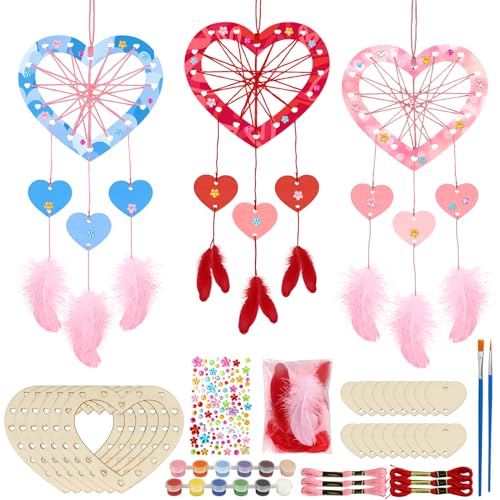 MONCAP 6 pièces attrape-rêves kit de bricolage enfants en forme de cœur Bricolage attrape-rêves en bois à peindre Créatif DIY pour enfants filles Cadeau...